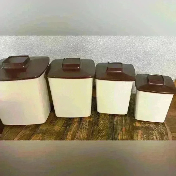 Vtg 4 Piece Kitchen Canister Set Plastic Square Nesting Beige Brown MCM Kitschy - Picture 7 of 11